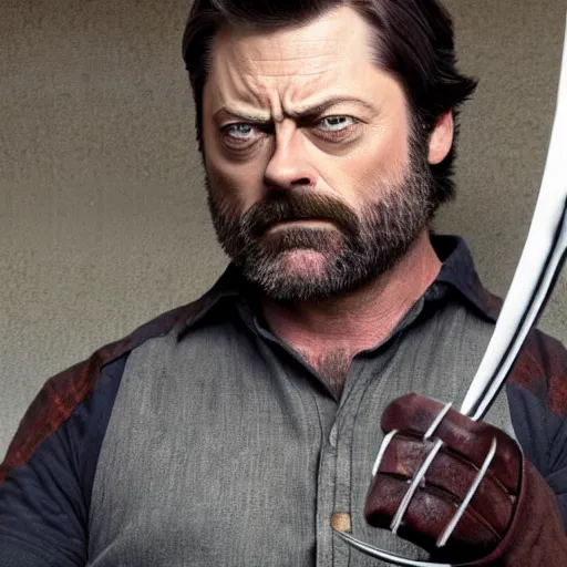 Image similar to nick offerman ( accurate face ) as wolverine, with wolverine claws, photorealistic logan movie still, highly detailed, 8 k