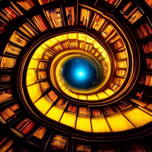 Prompt: staring up infite climbing celestial library spiraling towards light, books, spirals, fantastical, magical library, gradient, fantasy, epic composition, magical atmosphere, rays of light, dust light