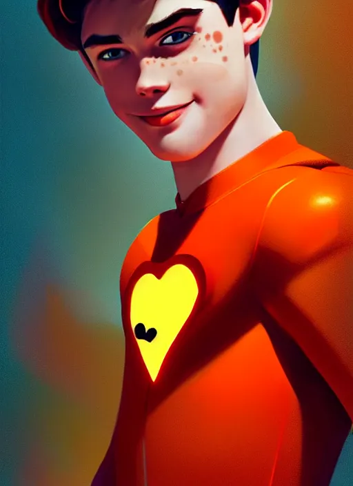 Image similar to friendly teenage archie andrews wearing an orange superhero costume with heart logo, freckles, superhero costume, heart emblem on chest, cape, intricate, elegant, glowing lights, highly detailed, digital painting, artstation, sharp focus, illustration, art by wlop, mars ravelo and greg rutkowski