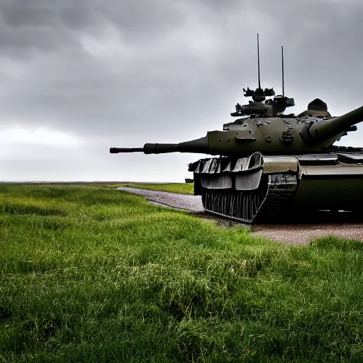 Prompt: 4k photograph of a main battle tank sitting in an open field on an overcast day
