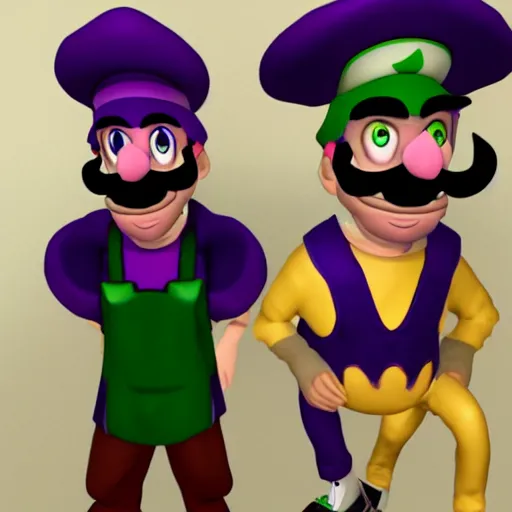 Image similar to Vinny Vinesauce, dressed as Waluigi