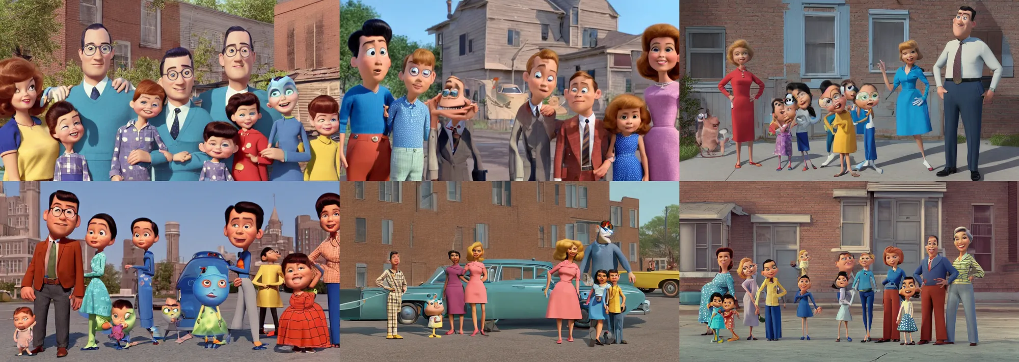 Prompt: family photo in 1960s Detroit, still from a Disney & Pixar cgi film (2016)