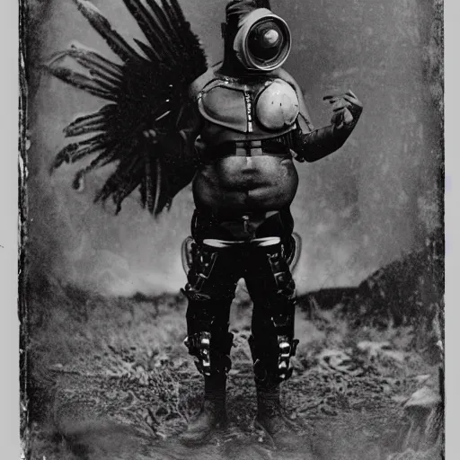 Image similar to tintype photographs of techno shamans, telepaths, dieselpunk cyborgs, masked heroes, irradiated humans, mystic mutates and monster hunters