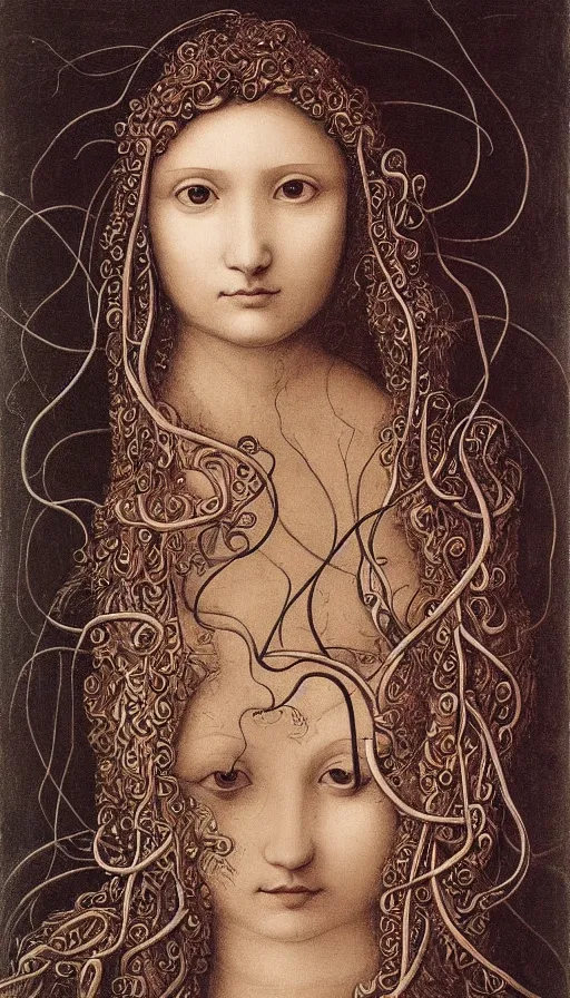 Image similar to very detailed portrait of a 2 0 years old girl surrounded by tentacles, the youg woman visage is blooming from fractal and vines, by leonardo da vinci