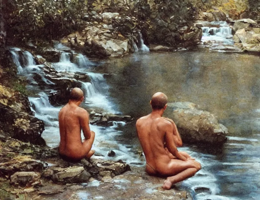 Image similar to by steve hanks, by serov valentin, by lisa yuskavage, by andrei tarkovsky, by terrence malick focused monk sits near waterfall, golden ratio, perfect symmetrical, polaroid, vintage, soft lights, foggy, oil on canvas