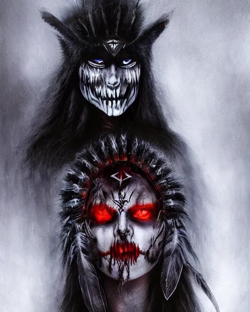Image similar to wolf - human ghost - spirit of the grim - warpaint wears the scarlet skull armor and native blood headdress feathers, midnight fog - mist!, dark oil painting colors, realism, cinematic lighting, various refining methods, micro macro autofocus, ultra definition, award winning photo, photograph by ghostwave - gammell - giger - shadowlord