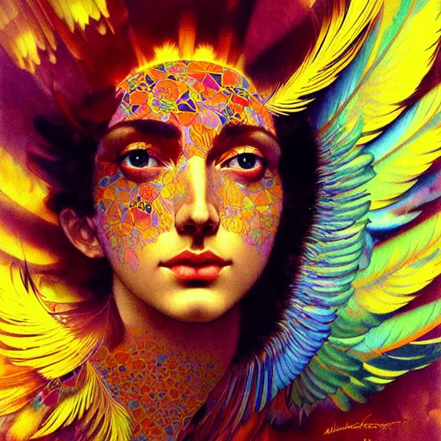 Image similar to face of innocent psychedelic transcendent feather mind bending psychedelic wings of glossy liquid honey flowing like kaleidoscopic translucent holograph, lsd feathers, feathery fluff, enlightenment, high contrast dappled lighting, refracted sunset, highly detailed, concept art, art by collier, albert aublet, krenz cushart, artem demura, alphonse mucha