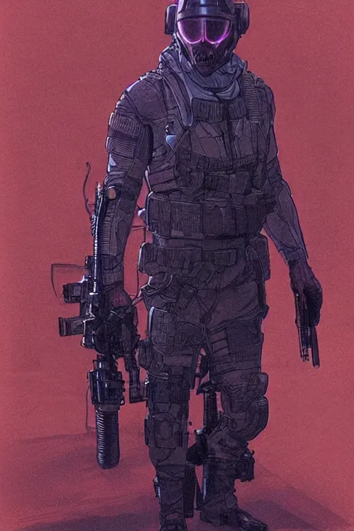 Image similar to the ghost. blackops mercenary in near future tactical gear, stealth suit, and cyberpunk headset. Blade Runner 2049. concept art by James Gurney and Mœbius.