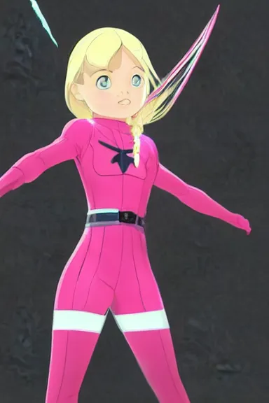 Image similar to blonde little girl wearing an pink and white hero outfit, digital artwork made by artgerm lau and makoto shinkai, shaped focus, heroic composition, hero pose, inspired by peni parker from spiderverso, smooth