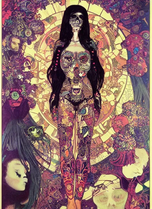 Image similar to cute punk goth fashion fractal Día de los Muertos tattooed alien girl posing, psychedelic poster art of by Victor Moscoso Rick Griffin Alphonse Mucha Gustav Klimt Ayami Kojima Amano Charlie Bowater, masterpiece