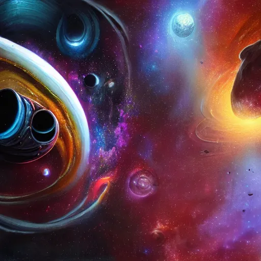 Image similar to glorious 3D black hole in movie, intergalactic, space theme, galaxy colored, hyperdetailed, digital painting, trending on Artstation, cel-shading style, CG society, hyperdetailed, digital painting, hypermaximalist, golden ratio, volumetric, octane render, weta digital, micro details, 3d sculpture