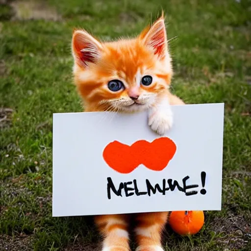 Image similar to cute fluffy orange tabby kitten with a sign that says