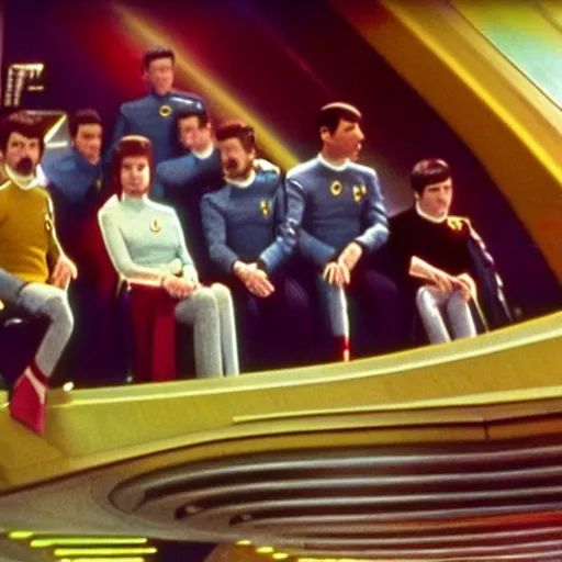 Prompt: the band queen sitting on the bridge of the enterprise in star trek, film still, 1 9 6 0 s, very colorful