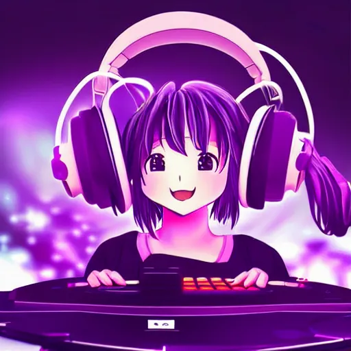 anime girl with headphones and purple hair