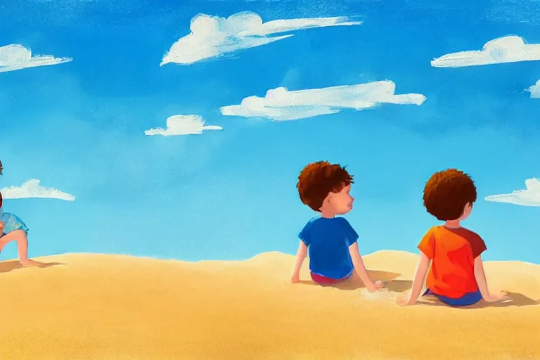 Prompt: Two happy children sitting on the beach making sandcastles, blue sky, HD, outlines, illustration by Benji Davies