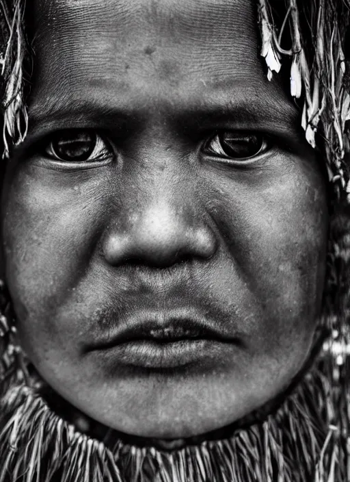 Image similar to Award winning Editorial photo of a Native Kiribati with incredible hair and beautiful hyper-detailed eyes wearing traditional garb with a Bokikokiko by Lee Jeffries, 85mm ND 5, perfect lighting, gelatin silver process