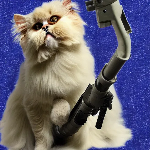 Image similar to persian cat holding a bazooka gun, photo, 4 k, hyper realistic,