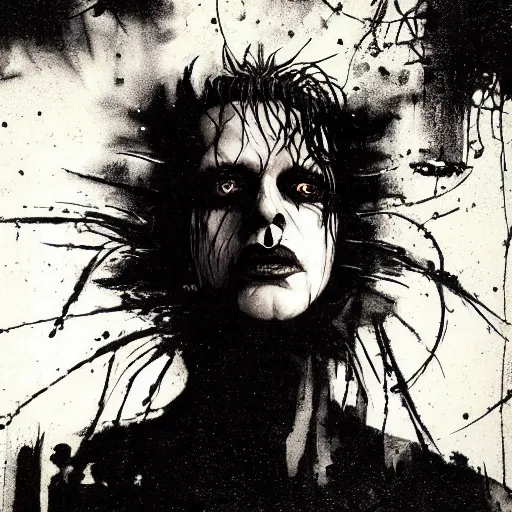 Image similar to emaciated ( the cure fan ) as dream from sandman, dim stars as eyes, by jeremy mann, by cedric peyravernay, by by russ mills, by richard avedon and ben templesmith, dramatic lightning, sadness, dark eye sockets, in the shadows, punk rock, gothic, high detailed, 8 k