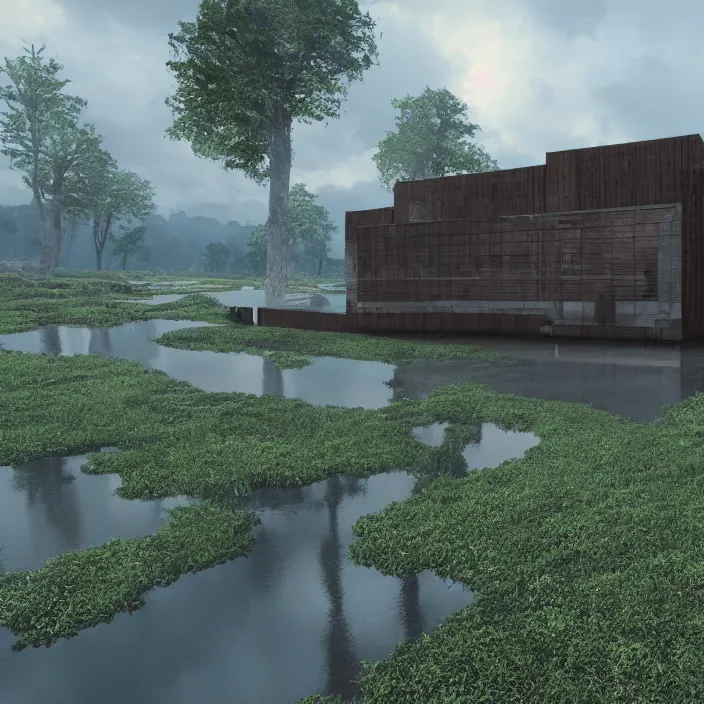 Prompt: a building in a serene landscape, unreal engine