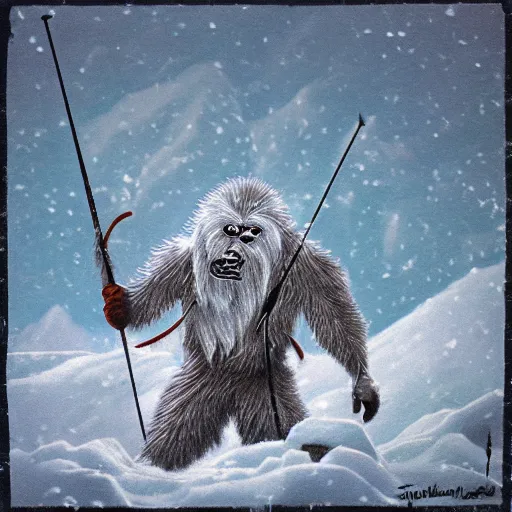 Image similar to a high detailed realistic photo of a yeti archers hunting mountain goats in a blizzard