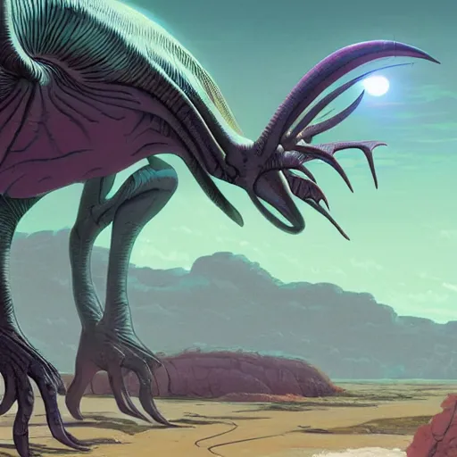 Prompt: concept art painting of an alien animal creature, detailed, cel shaded, in the style of makoto shinkai and moebius and wayne barlowe and james gurney