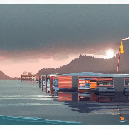 Image similar to yachting club by simon stalenhag