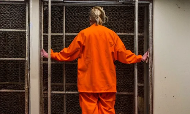 Prompt: full distant shot of a dirty jail cell in guantanamo bay prison with donald trump wearing an orange jump suit crying in it, photograph, realistic, dramatic lighting