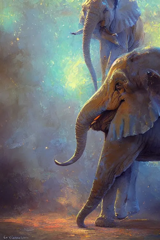 Image similar to spiritual twin flame elephant art, dusk hue, highly detailed, oil painting, by craig mullins