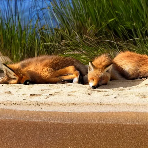 Image similar to foxes sleeping on a beach on a sunny day, sand and water, peaceful ambience