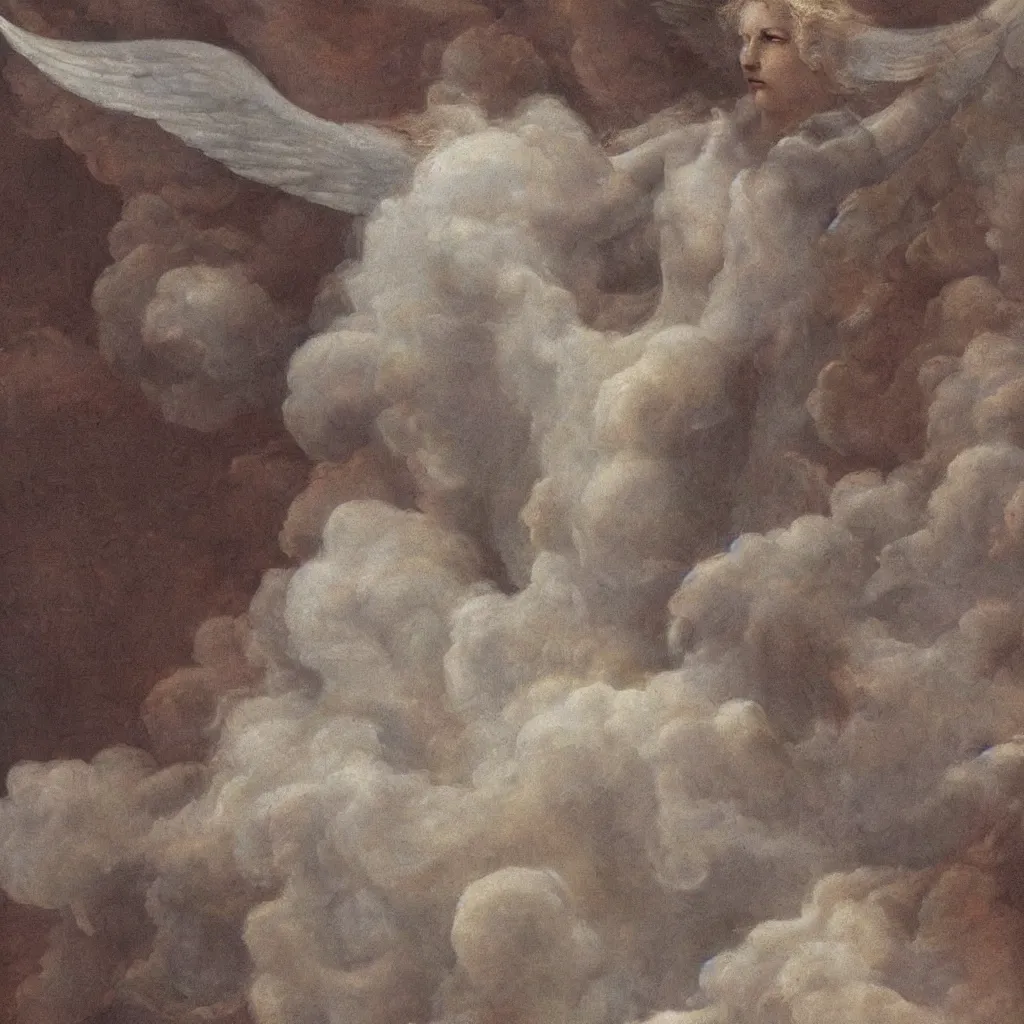 Image similar to powerful seraphim with white wings and white hair floating in a cloud of smoke. detailed, ultra - realistic, 8 k. by michelangelo, da vinci.