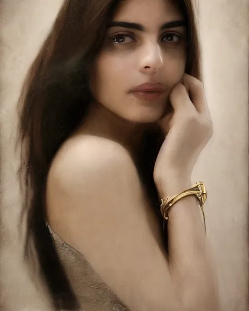 Image similar to a highly realistic, true to life portrait of a beautiful young middle eastern girl, soft focus, from the waist up, with sharp features, a beautiful face, soft smile, under studio lighting, taken with a canon eos camera with 1 3 5 mm focal length by karol bak, james jean, tom bagshaw, rococo, sharp focus, trending on artstation,