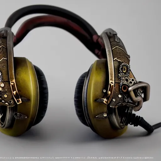 Prompt: steampunk concrete plastic metal headphones designed by h. r. giger, architecture, painted by moebius, jean - michel charlier, rule of thirds, colorful, extremely detailed faces, intricate linework, smooth, super sharp focus, high contrast, matte