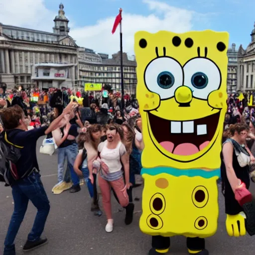 Image similar to spongebob squarepants protests against the british government at trafalgar square