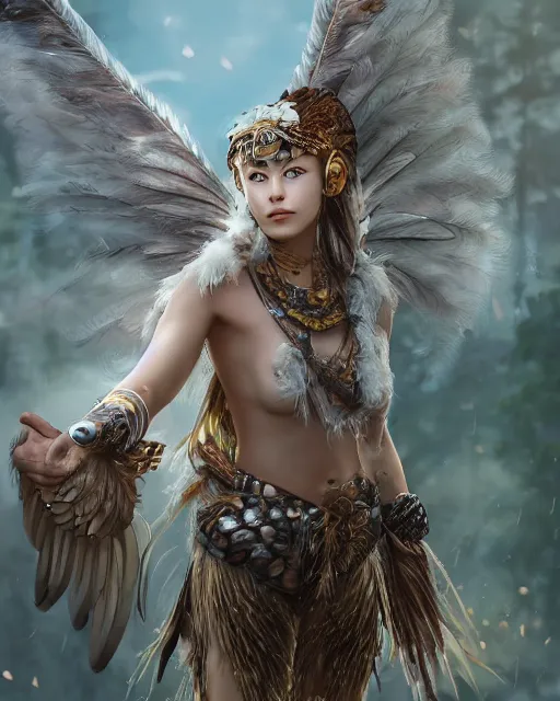 Prompt: a female anthropomorphic eagle warrior. She has two wings on her back. She is covered in feathers, wearing full body tribal feather clothing. Forest, clearing. Full shot, wings are focus. Atmospheric lighting, By Makoto Shinkai, Stanley Artgerm Lau, WLOP, Rossdraws, James Jean, Andrei Riabovitchev, Marc Simonetti, krenz cushart, Sakimichan, D&D trending on ArtStation, digital art.