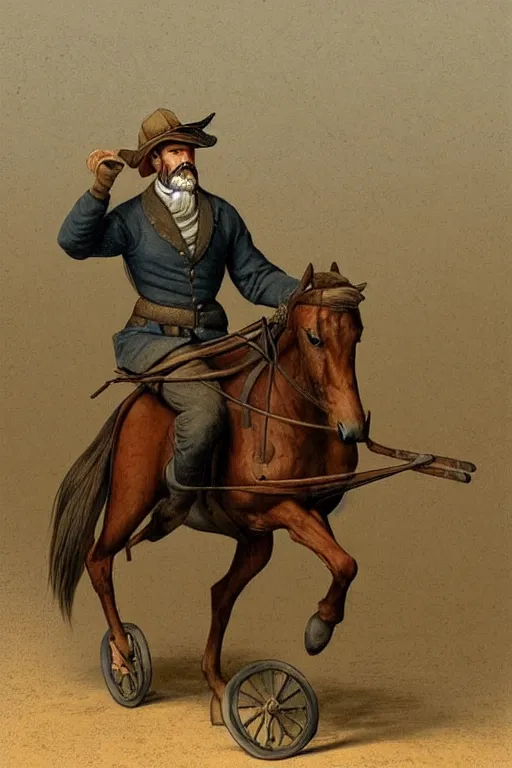 Image similar to a man riding a horse with wheels wagon!!!!!!!!!!!!!! by chris mcgrath and greg rutowski, muted colors, detailed