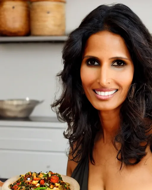 Prompt: photoshoot of model padma lakshmi cooking a meal, 8 k, photorealistic