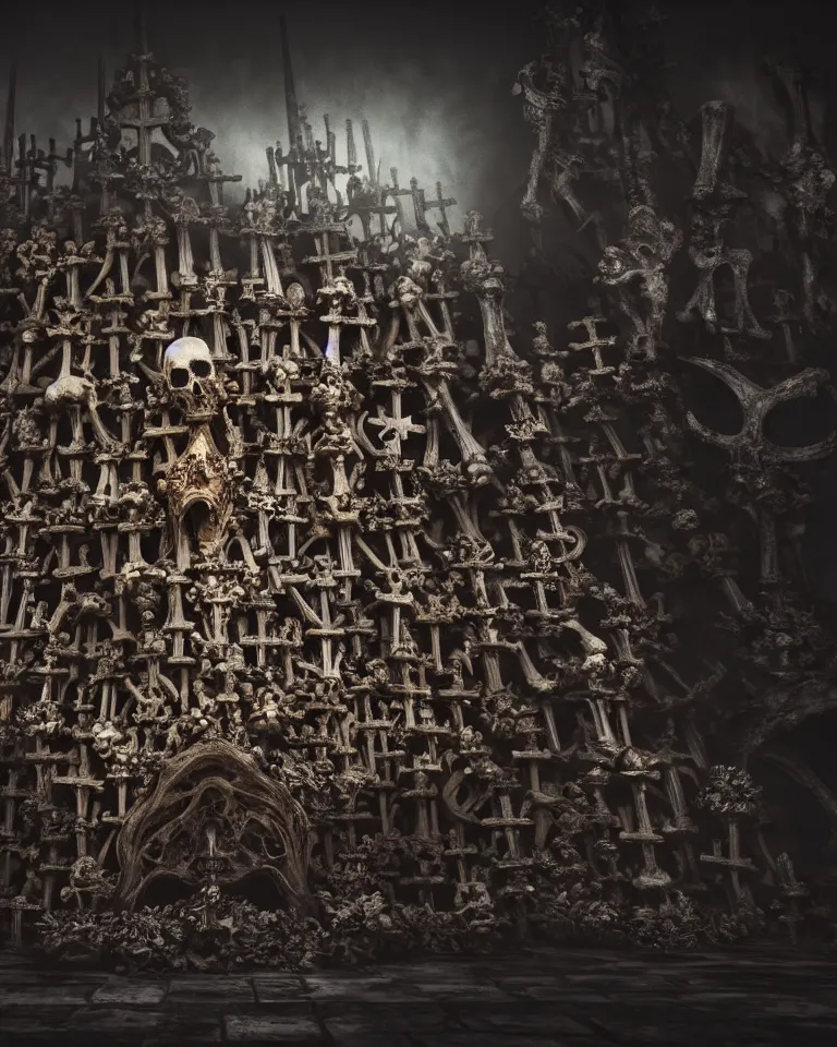 Image similar to full color, low wide shot of sedlec ossuary, bones, anime style mixed with fujifilm, dark, foggy, atmospheric, artstation, cgsociety, octane render, cgi, unreal engine 5, denoise, detailed, cinematic masterpiece