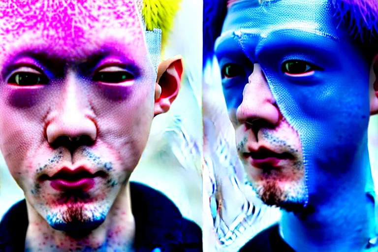 Prompt: a close - up risograph of cyberpunk albinism japanese model men wearing lots of transparent and cellophane accessories, huge earrings and queer make up, blue hour, twilight, cool, portrait, crispy, full - shot, blue sky, kodachrome, photo by mayumi hosokura, style by moebius