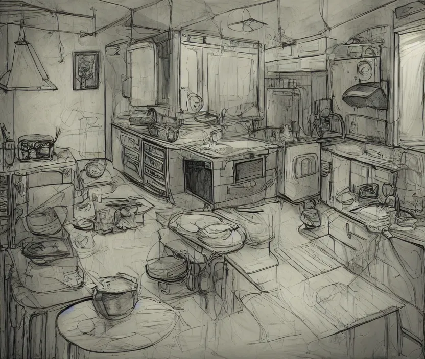 Image similar to An of interior of a kitchen at night, rotoscoped, rotoscope, photoshop, photomanipulation, realism, painting, illustration and sketch, weird scribbles, hybrid styles, hybrid art styles, mismatched, trending on artstation, trending on deviantart, weird, quirky, interesting, very detailed, highly detailed, HD Quality, 4k resolution, 8k resolution, in the style of David Firth, in the style of James Lee, in the style of Drue Langlois,