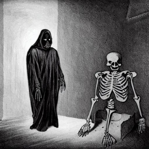 Prompt: a boogeyman in the behind of a skeleton in a black cloak