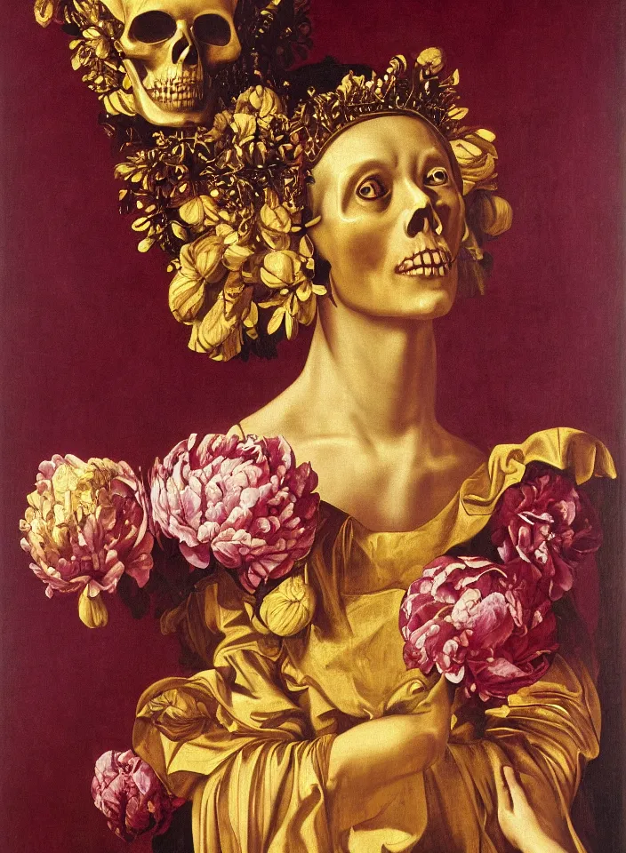 Prompt: portrait of a woman with a golden skull instead of a head with a big crown and in a dress of big purple peony petals, oil painting in a renaissance style , very detailed, red background, painted by Caravaggio.