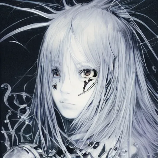 Prompt: Yoshitaka Amano blurred and dreamy illustration of an anime girl with pirate eye patch, wavy white hair and cracks on her face wearing Elden ring armour with the cape fluttering in the wind, abstract black and white patterns on the background, noisy film grain effect, highly detailed, Renaissance oil painting, weird portrait angle