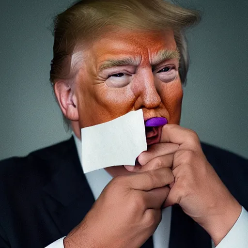 Image similar to candid portrait photo of president trump shoving a wad of paper into his mouth, eating stacks of paper, detailed portrait, 4 k, megapixel, sony a 7 s, f / 8, 2 4 mm lens, ap photo