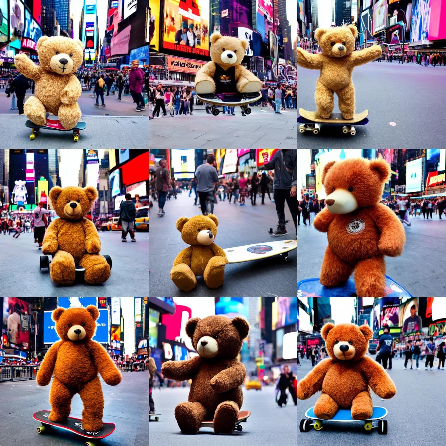 Image similar to a teddy bear on a skateboard in times square