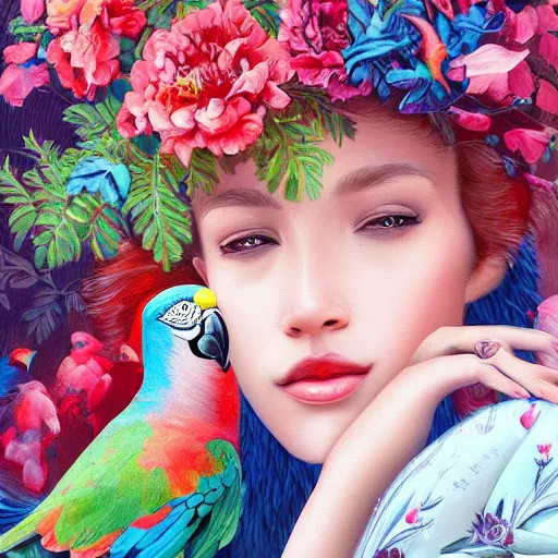 Image similar to a painting of a woman wearing a floral hat in a beautiful garden with parrots flying around, an ultrafine detailed painting by james jean, cgsociety, figurative art, ilya kuvshinov, detailed painting, rich color palette