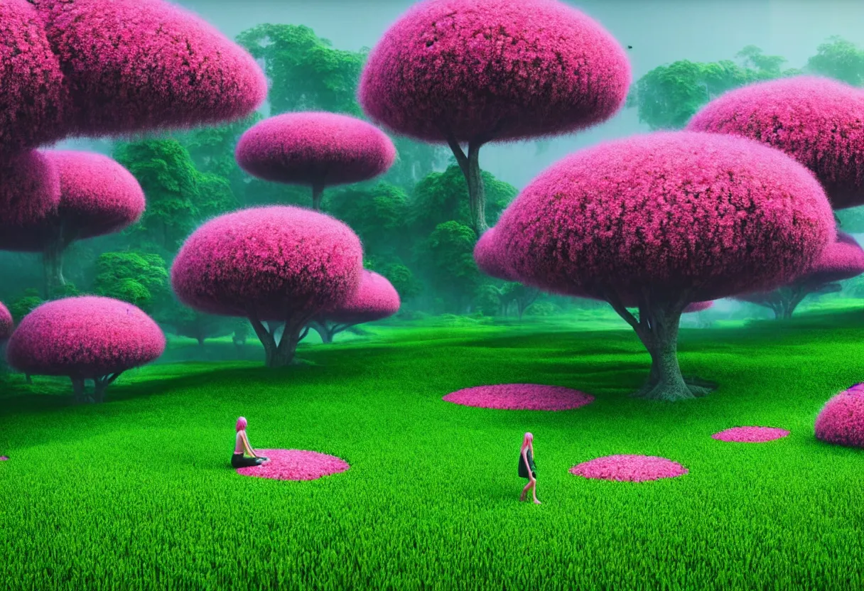 Prompt: inside of alien lush summer green landscape of human mind and imagination with millions of pink flowers, morning fog, matte painting, beautiful render, octane render, concept art