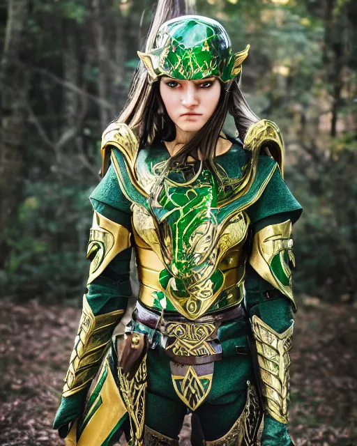 Prompt: a beautiful elf ranger with long hair and green eyes, no helmet, wearing green and gold futuristic mecha armor, with ornate rune carvings and glowing lining, very detailed, shot in canon 50mm f/1.2