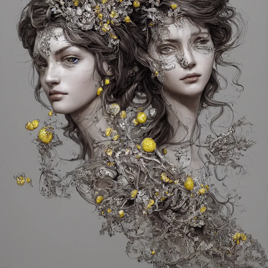 Image similar to the portrait of an absurdly beautiful, graceful, elegant, sophisticated, young woman made of lemons, an ultrafine hyperdetailed illustration by kim jung gi, irakli nadar, intricate linework, bright colors, octopath traveler, final fantasy, unreal engine 5 highly rendered, global illumination, radiant light, detailed and intricate environment