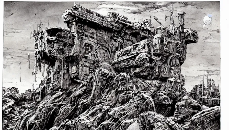 Image similar to comic book drawing of a desolate colony on mars by simon bisley, hr giger and beksinski, ink, detailed, clean lines