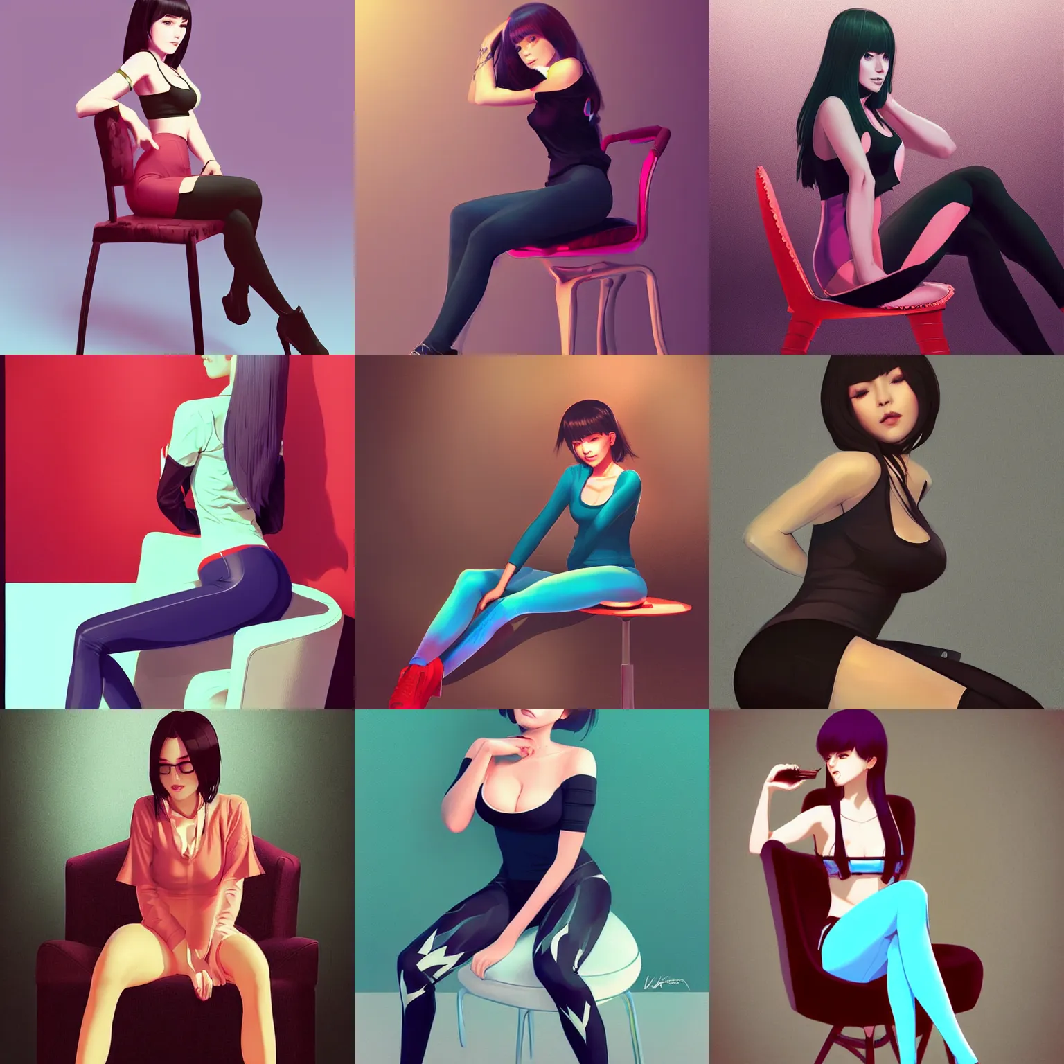 Prompt: gorgeous woman sitting in a chair wearing leggings. high definition digital art, in the style of ilya kuvshinov and Ross tran